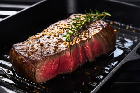 close-up of a seared steak on a black skillet, created with generative aiの素材