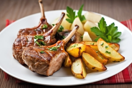 lamb cutlets with a side of potato wedges, created with generative aiの素材