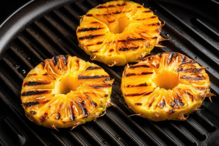 overhead shot of sizzling pineapple on grill pan, created with generative aiの素材