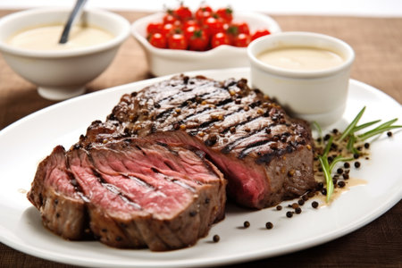 grilled ribeye on a white plate with peppercorn sauce, created with generative aiの素材