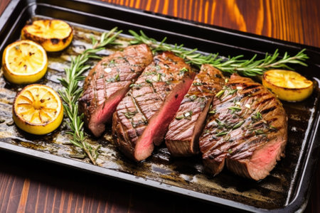 aerial shot of a grilled sirloin steak on a tray, created with generative aiの素材