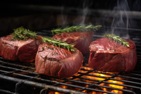 venison steaks on a charcoal grill under a smoky background, created with generative aiの素材