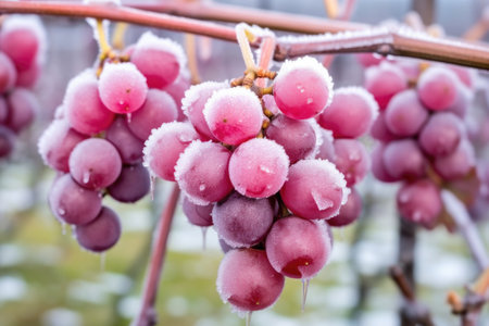close-up of frozen grapes on the vine, created with generative aiの素材