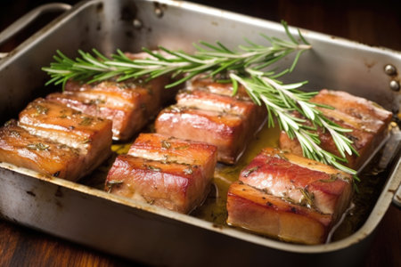 pork belly marinated with rosemary and thyme in a pan, created with generative aiの素材