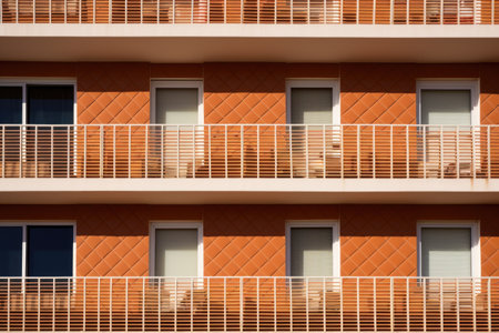 terracotta tiles lining the external wall of a well-structured apartment, created with generative aiの素材