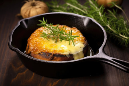 a single cheese-filled mushroom in a small cast-iron pan, created with generative aiの素材