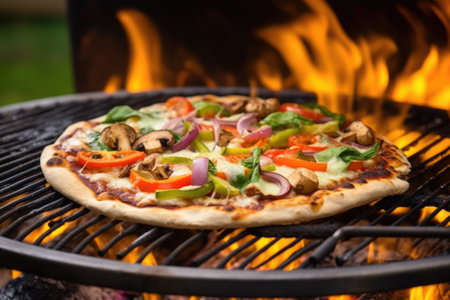 bbq grill open with smoke wafting from vegan pizza, created with generative aiの素材