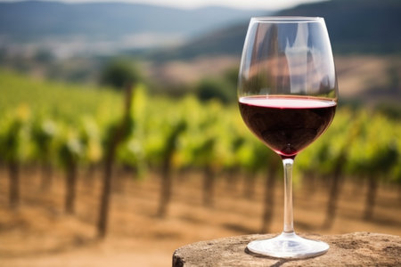 macro focus on wine glass filled with organic red wine against vineyard background, created with generative aiの素材