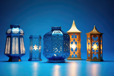 a series of unlit ramadan lanterns on a blue background, created with generative aiの素材