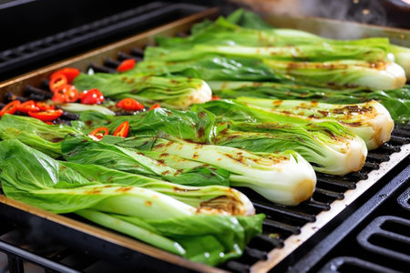 cooking exotic veggies like bok choy in a grill wok, created with generative aiの素材