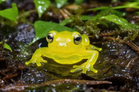 glass frog camouflaged on jungle leaves, created with generative aiの素材