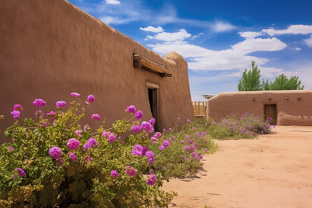 pueblo adobe walls enclosing a desert garden, created with generative aiの素材