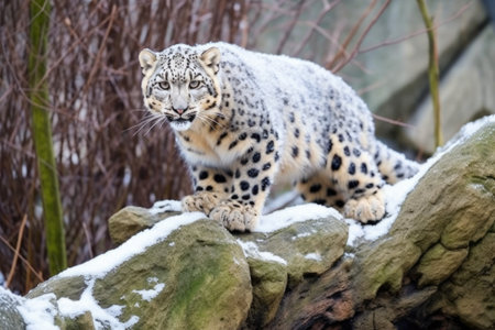 snow leopard prowling on a rock in an enclosure, created with generative aiの素材