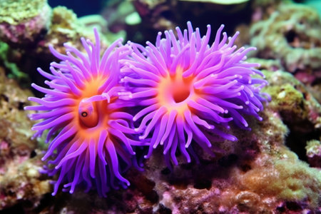 a pair of clownfish in a blooming anemone, created with generative aiの素材