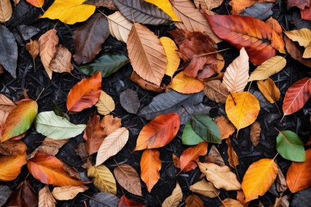 flat lay of autumn leaves on the ground, created with generative aiの素材