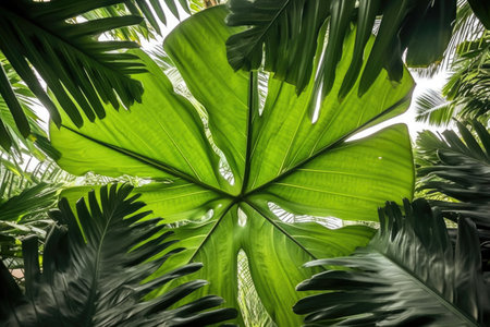 shot of the underside of a giant monstera leaf, created with generative aiの素材