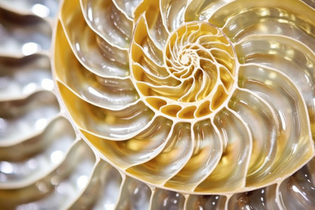 close-up of a nautilus shell showing spiral formation, created with generative aiの素材