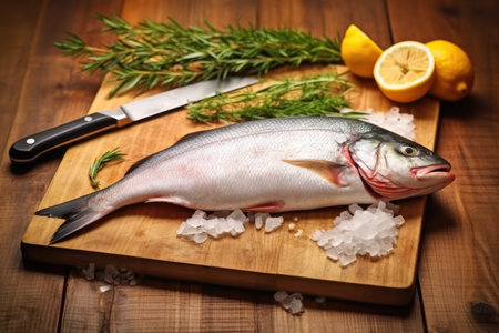 fish being cleaned on wooden board with fillet knife beside, created with generative aiの素材