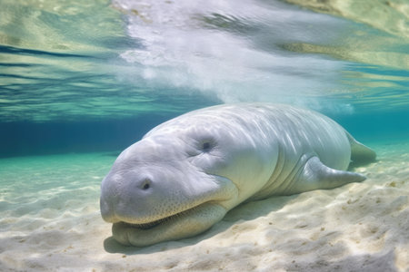 manatee resting on a sandy seabed, created with generative aiの素材