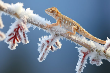 gecko scaling a frost-decked tree branch, created with generative aiの素材