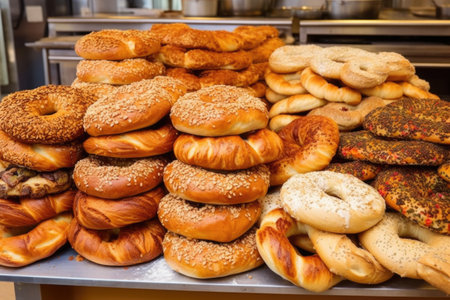 bagels sorted into different sizes and flavours on a counter, created with generative aiの素材