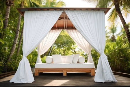 bali-style cabana with billowing white curtains, created with generative aiの素材