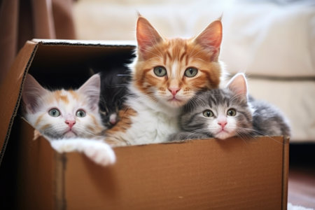 cat huddled in a cardboard box with her kittens, created with generative aiの素材