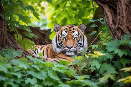 tiger lounging in thick green foliage, created with generative aiの素材