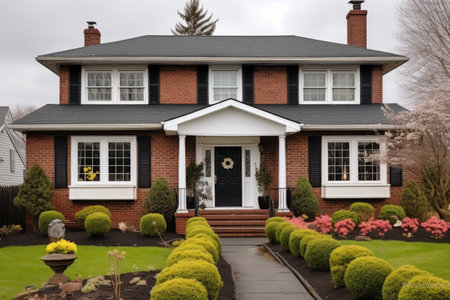 frontal view of a brick colonial-style house with a black roof, created with generative aiの素材