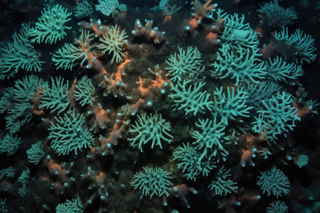 dense cluster of coral polyps at night, created with generative aiの素材