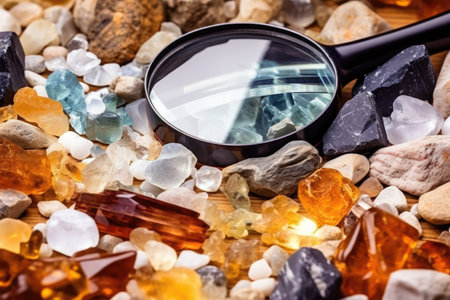 a magnifying glass beside an array of minerals on a table, created with generative aiの素材