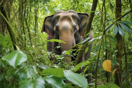 bornean elephant browsing in dense jungle foliage, created with generative aiの素材