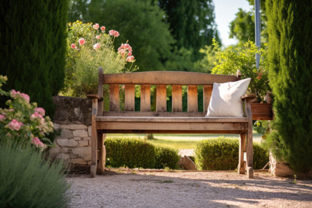 french country style wooden garden bench, created with generative aiの素材
