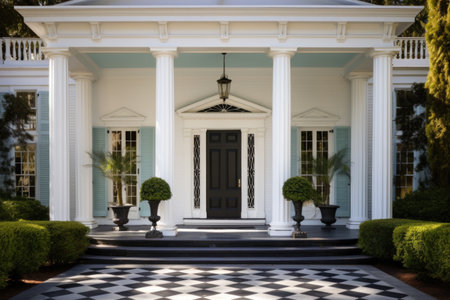 greek revival estate door, porch, and ornamental columns in a symmetrical layout, created with generative aiの素材