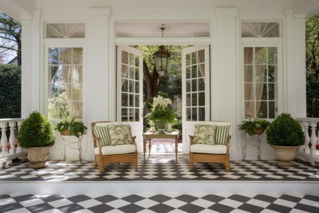 lavish greek revival porch with french doors opening onto it, created with generative aiの素材