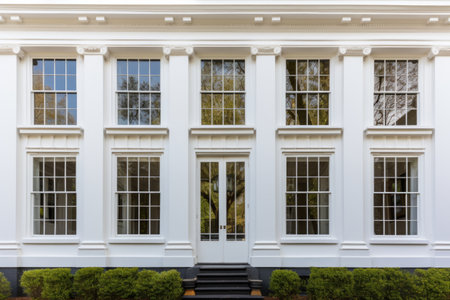 symmetrical side windows of a greek revival building, created with generative aiの素材