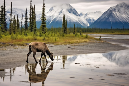 moose meandering near melting glaciers, created with generative aiの素材