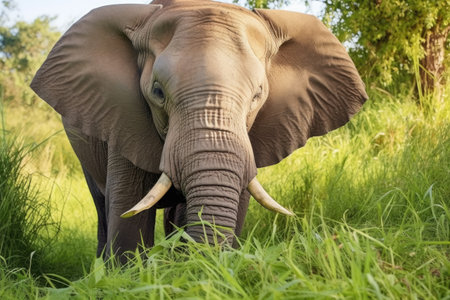 an elephant grazing on grass and leaves, created with generative aiの素材