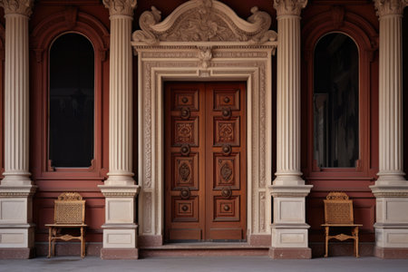 front door framed by intricate corbels of an italianate mansion, created with generative aiの素材