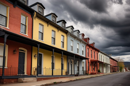 italianate townhouses showcasing deep eaves on a cloudy day, created with generative aiの素材