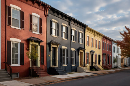 wideshot of italianate townhouses featuring deep eaves, created with generative aiの素材