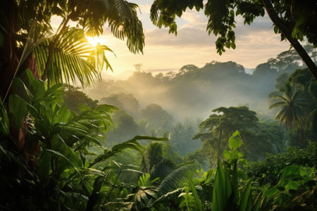 a lush jungle landscape at dawn, created with generative aiの素材