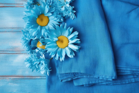 flat lay view on blue linen fabric, created with generative aiの素材