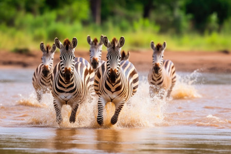 zebras crossing a river during migration, created with generative aiの素材