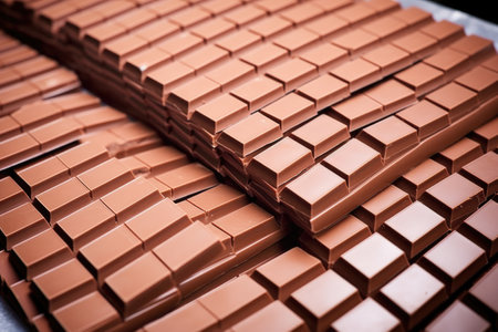 sleek view of milk chocolate bars stacked and ready for packaging, created with generative aiの素材
