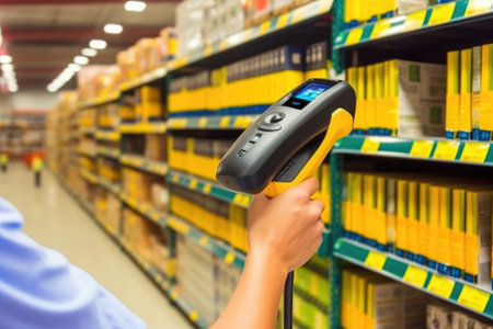 barcode scanner scanning a product barcode in a supermarket, created with generative aiの素材