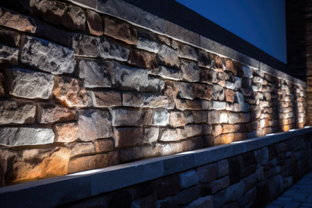 architectural detail of stone brick wall with embedded led lighting, created with generative aiの素材