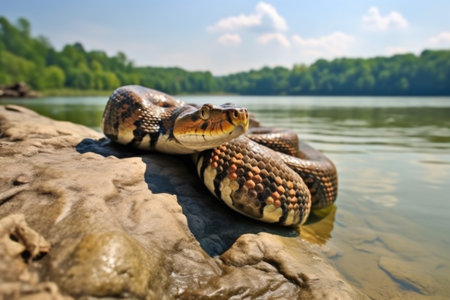 a snake sunbathing on a river rock, created with generative aiの素材