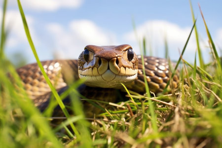 a snake poking its head out from a grassy knoll, created with generative aiの素材