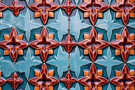 close-up of an intricate tile pattern on a spanish revival structure, created with generative aiの素材